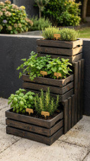 17 Herb Planter Ideas DIY Tiered Wooden Crate Stand 3 3. Deep Charcoal Stained Tiered Crate Stand