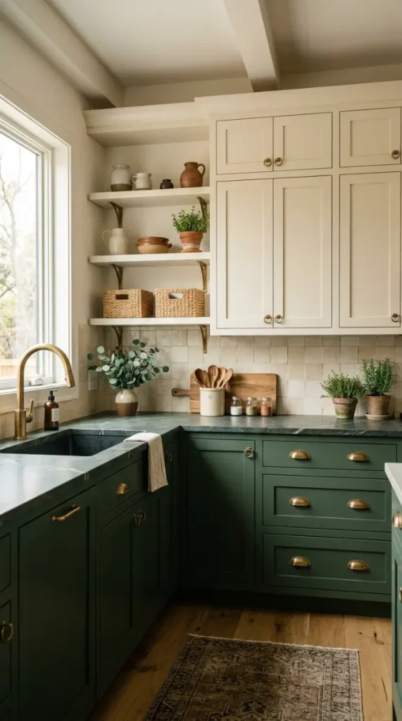18 Modern Boho Kitchen Ideas Forest Green Soapstone Brass 3 3. Forest Green Lower Cabinets With Cream Upper Cabinets and Soapstone