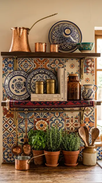 12 Bohemian Kitchen Ideas Global Patchwork Tile Copper Pots 3 3. Global Open Shelving With Copper, Ceramic, and Textile Display