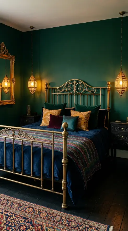 12 Bedroom Decor Colorful Jewel Tone Emerald Gold Moody 3 3. Gold and Brass Bed Frame as Jewel-Tone Anchor