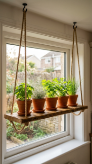 18 Herb Garden Ideas Indoor Kitchen Window Terracotta 3 3. Hang a Rope-and-Plank Suspended Herb Shelf in the Window