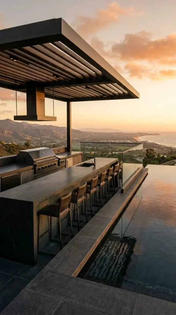 24 Outdoor Kitchen Ideas Luxury Resort Style With Pool 3 3. Infinity Pool Edge Outdoor Kitchen With Glass Balustrade