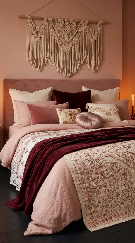 15 Bedroom Decor Colorful Blush Burgundy Romantic Style 3 3. Layered Blush and Burgundy Bed — Maximum Textile Abundance