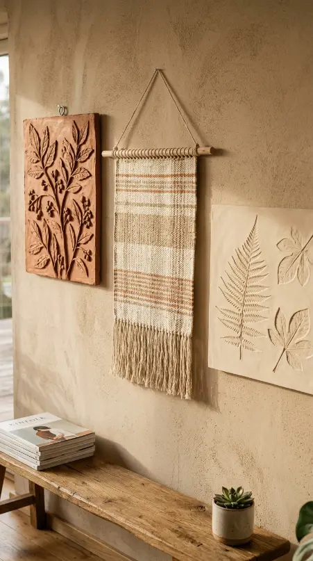 14 Bohemian Wall Decor Terracotta Ceramic Relief Mixed Media 3 3. Mixed Media Wall With Ceramic Relief, Woven Panel, and Plaster Cast