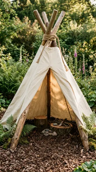 22 DIY Outside Play Area for Kids Natural Log and Stump 3 3. Natural Log Frame Den With Canvas Cover