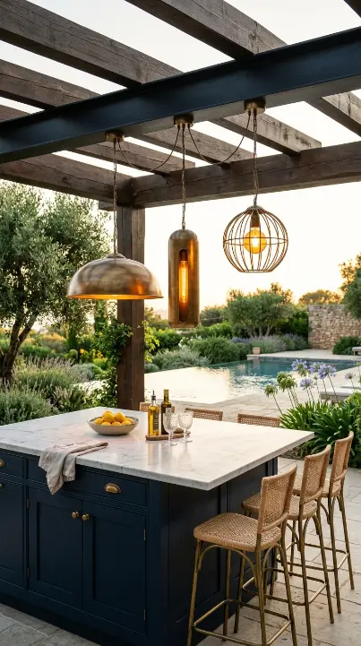 20 Modern Summer Kitchen Decor Ideas Navy Brass Island 3 3. Navy Island With Aged Brass Pendant Cluster Overhead