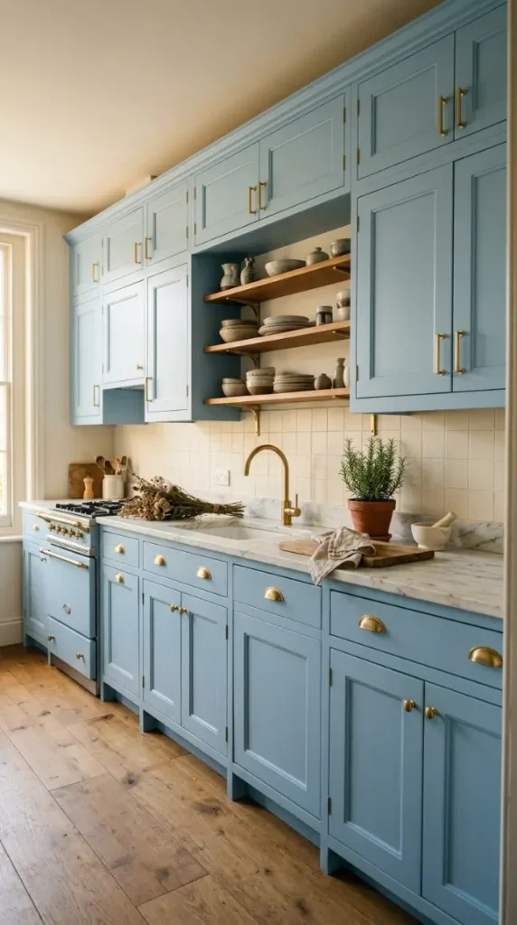 12 Bohemian Kitchen Pale Blue Vintage Range Brushed Gold 3 3. Pale Blue Shaker Cabinet Kitchen With Brushed Gold Hardware