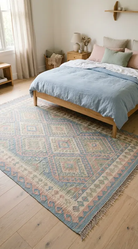 20 Cute Rugs Ideas for Bedrooms That Make You Want to Stay in Bed Forever 3 3. Pastel Kilim Rug in Soft Geometric Pattern