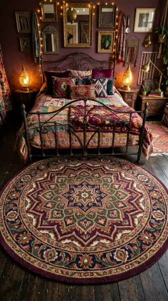 14 Bohemian Rugs Round Mandala Maximalist Colorful Room 3 3. Round Mandala Rug in Bohemian Bedroom — Under the Bed