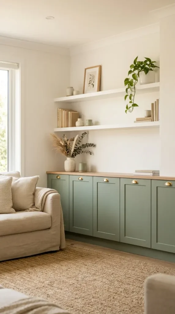14 Living Room Decor Color Schemes Sage Green Warm White 3 3. Sage Green and Warm White Through Painted Cabinetry and Shelving