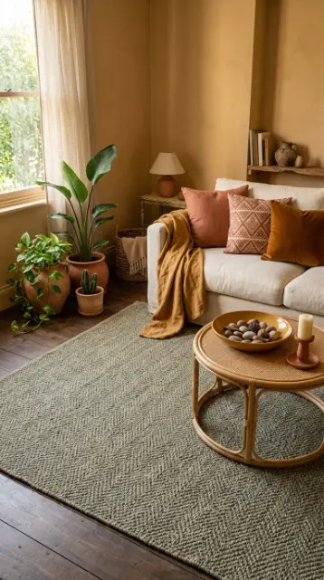 14 Bohemian Rugs Natural Jute Seagrass Earthy Living Room 3 3. Seagrass Rug With Earthy Terracotta and Ochre Styling