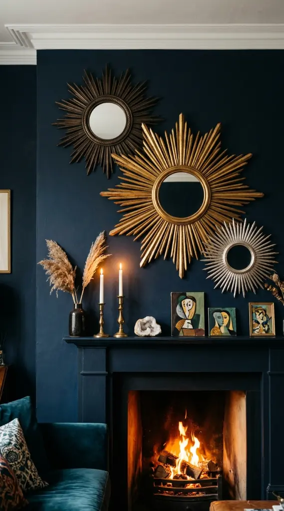 17 Bohemian Mirror Gallery Wall Living Room Vintage Eclectic 3 3. Sunburst Mirror Collection Above Mantelpiece