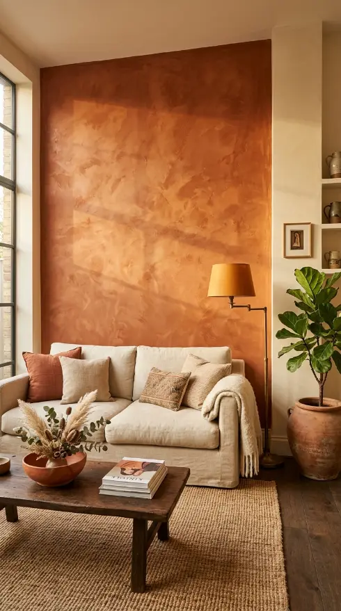 16 Living Room Decor Color Schemes Warm Terracotta Cream 3 3. Terracotta Limewash Wall Treatment