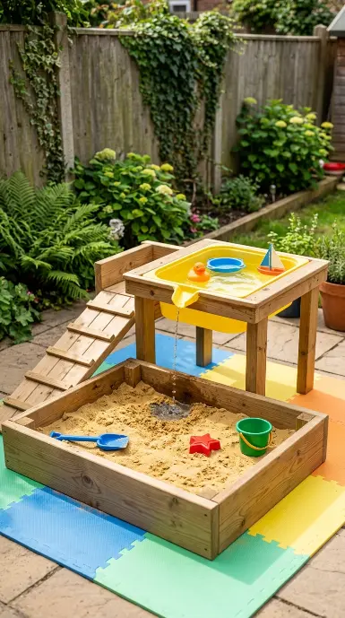 22 DIY Kids Playground Sandbox and Water Table for Small Yards 3 3. Tiered Sandbox and Water Table on Different Levels