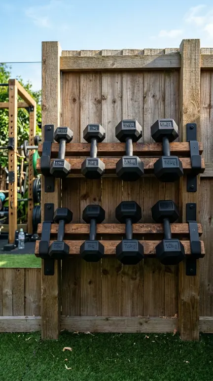 14 Budget-Friendly Home Gym Designs Outdoor Backyard Turf 3 3. Use Rubber Hex Dumbbells Stored on a Wall-Mounted Timber Rack