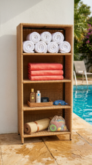 18 Pool Towel Storage Ideas to Keep Your Pool Area Tidy 3 3. Use a Natural Wicker Outdoor Cabinet With Open Shelves