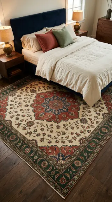 22 Cozy Warm Bedroom Aesthetic Vintage Brass Layered Rugs 3 3. Vintage Persian Rug as the Room's Color Story