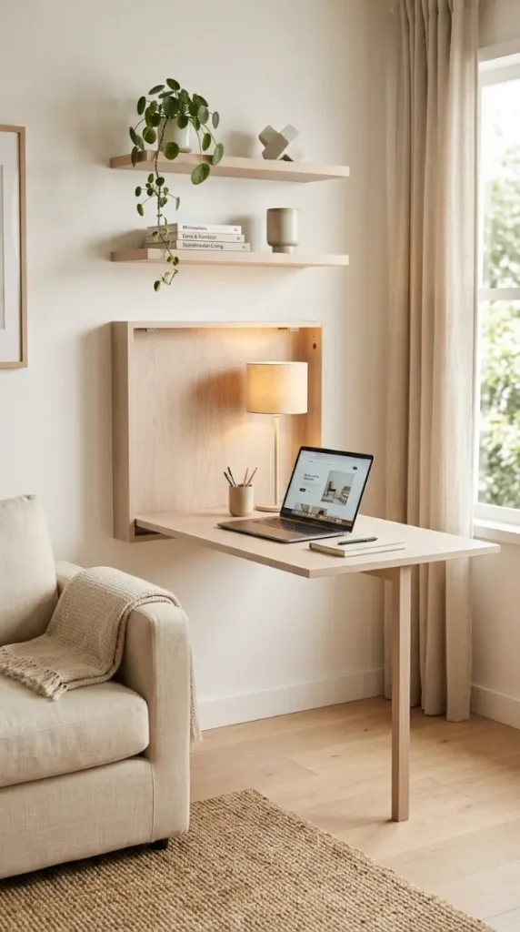 20 Minimalist Living Room Small Spaces Multifunctional 3 3. Wall-Mounted Fold-Down Desk Concealed in Living Room
