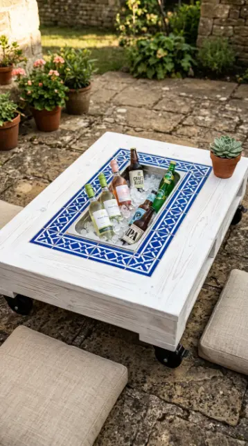 18 Pallet Table Outdoor Built-In Ice Cooler Party Table 3 3. Whitewashed Pallet Ice Cooler Table With Tile Surround Around the Trough