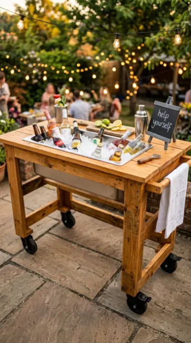 18 Pallet Table Outdoor Built-In Ice Cooler Party Table 4 4. Bar-Height Rolling Pallet Cooler Table for Party Serving Stations