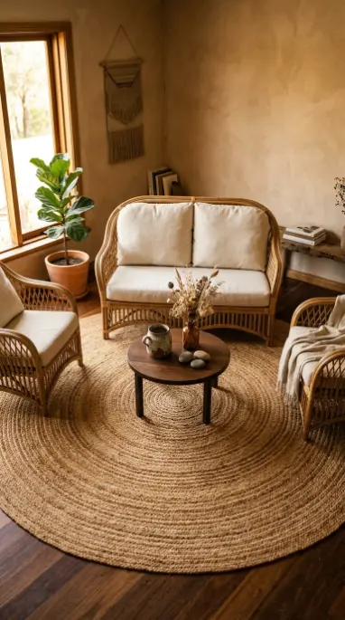 14 Bohemian Rugs Natural Jute Seagrass Earthy Living Room 4 4. Braided Jute Round Rug Under Rattan Furniture Grouping