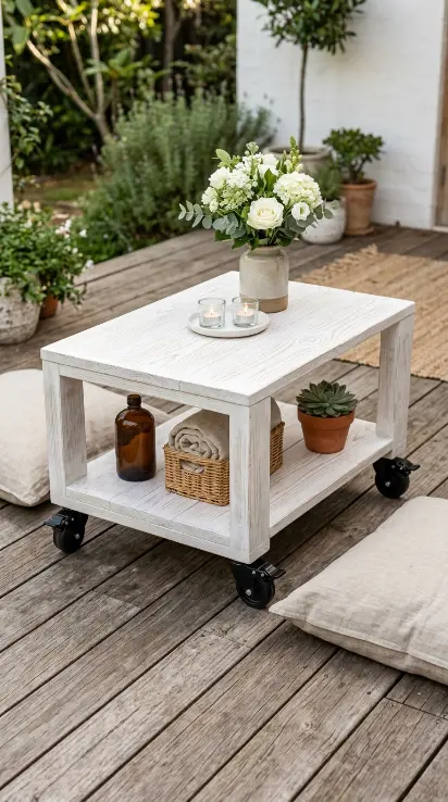 18 Pallet Table DIY Whitewashed Outdoor Patio Wheels 4 4. Build a Whitewashed Pallet Table With a Built-In Lower Shelf