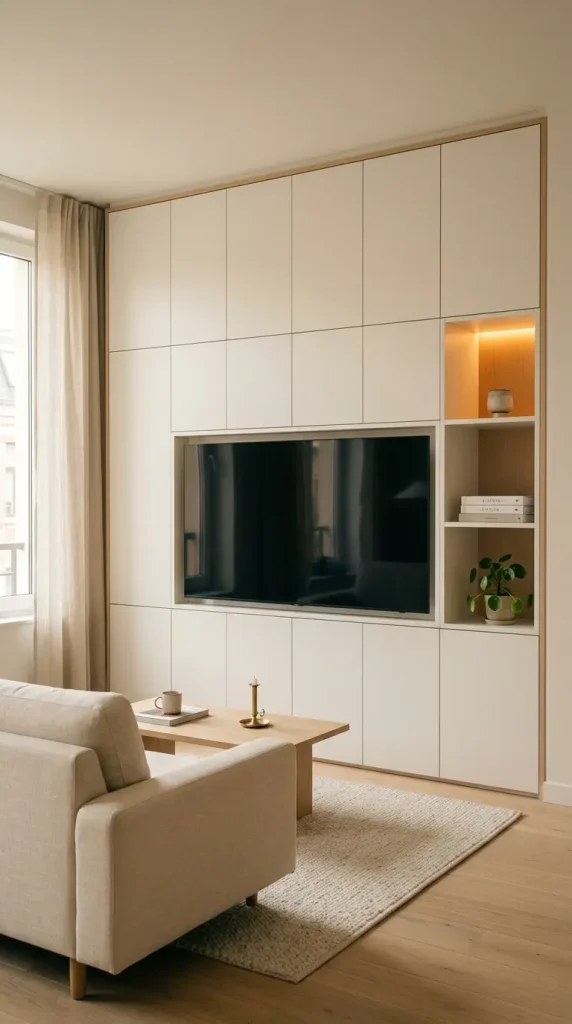 13 Minimalist Living Room Small Spaces Built-In Storage 4 4. Built-In Media Wall With Concealed Cable and Equipment Storage
