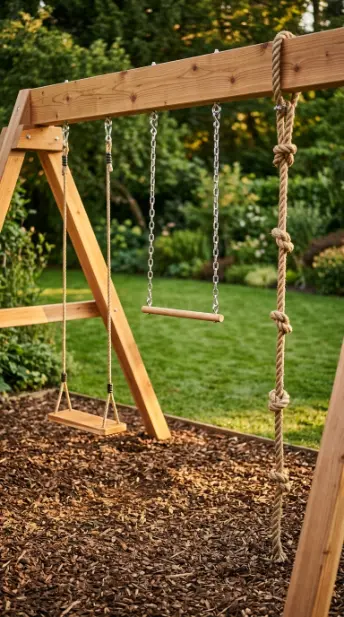 22 DIY Kids Playground With Cedar Swing Set and Slide 4 4. Cedar Swing Set With Trapeze Bar and Climbing Rope