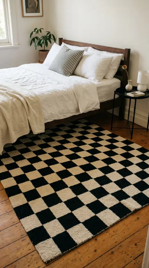 20 Cute Rugs Ideas for Bedrooms That Make You Want to Stay in Bed Forever 4 4. Checkered Black and Cream Bedroom Rug