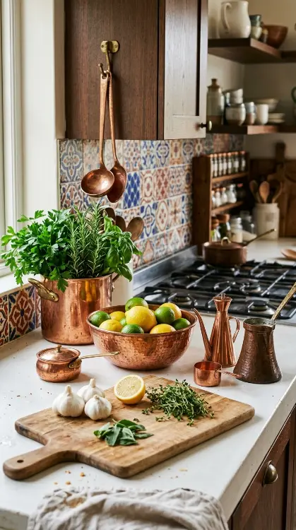 12 Bohemian Kitchen Ideas Global Patchwork Tile Copper Pots 4 4. Copper Pot Counter Vignette as Kitchen Focal Point