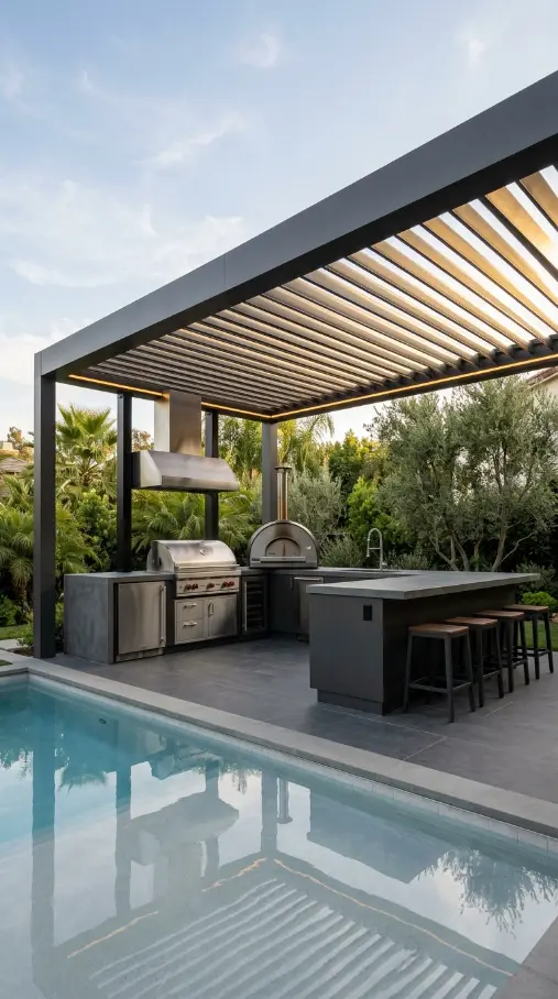 24 Outdoor Kitchen Ideas Luxury Resort Style With Pool 4 4. Covered Outdoor Kitchen With Retractable Roof