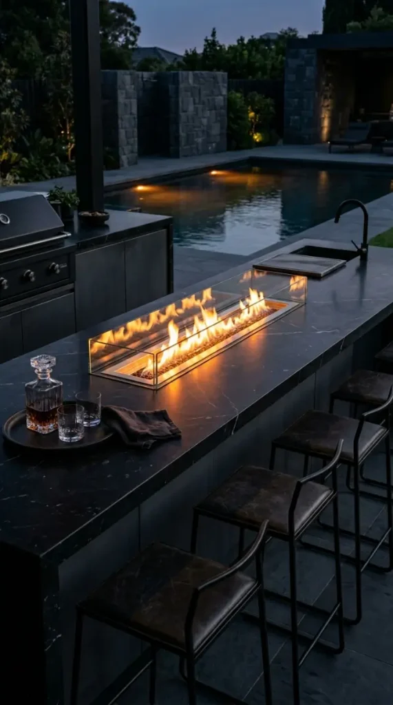 20 High End Outdoor Kitchen Inspiration Dark Moody Style 4 4. Dark Moody Outdoor Kitchen With Built-In Fire Pit Counter