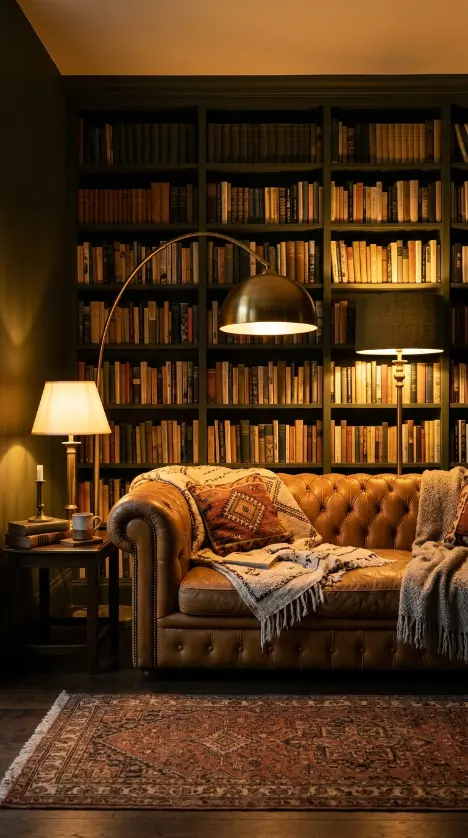 16 Bohemian Living Room Dark Olive Book Wall Chesterfield 4 4. Dark Olive Living Room With Warm Amber Reading Lamp Atmosphere