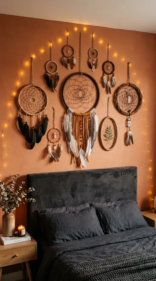 18 Bohemian Bed Dark Charcoal Fairy Light Dreamcatcher 4 4. Dreamcatcher Collection Gallery Above Bed