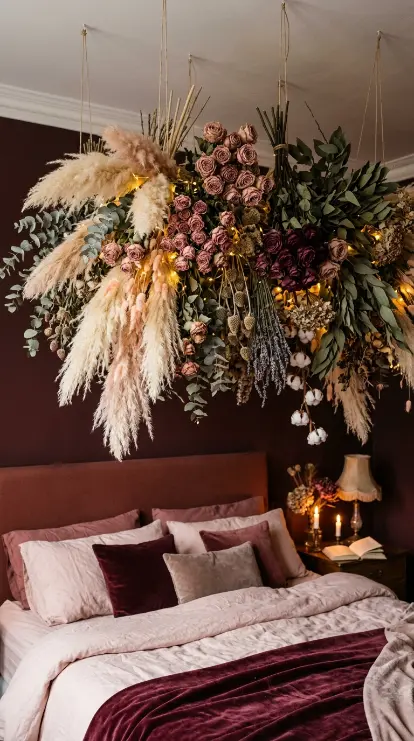 15 Bedroom Decor Colorful Blush Burgundy Romantic Style 4 4. Dried Floral and Pampas Ceiling Installation Above Bed