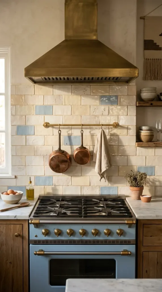 12 Bohemian Kitchen Pale Blue Vintage Range Brushed Gold 4 4. Handmade Ceramic Tile Back Splash Behind Pale Blue Range