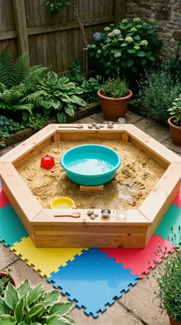 22 DIY Kids Playground Sandbox and Water Table for Small Yards 4 4. Hexagonal Sandbox With Central Water Basin