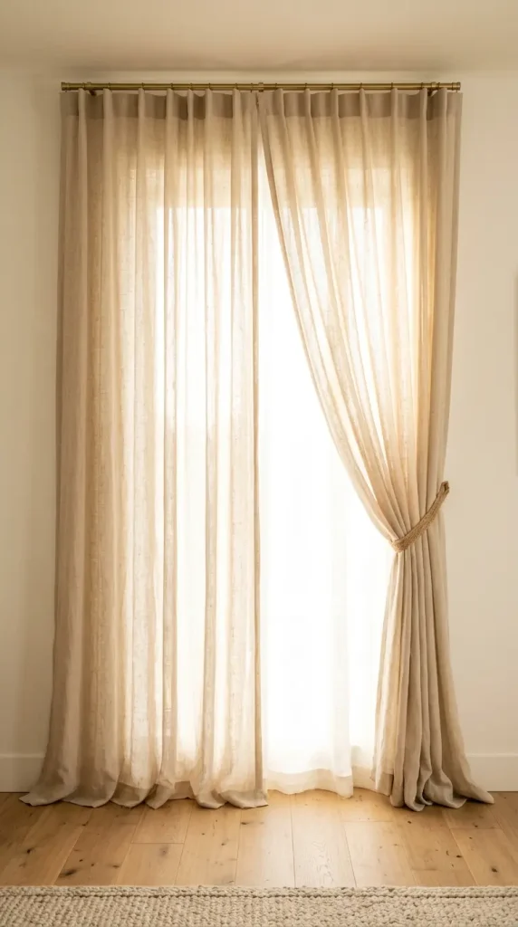 18 Minimalist Living Room Decor Ideas Warm Texture Curved 4 4. Install Ceiling-Height Linen Curtains on a Slim Brass Rod