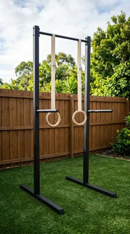 14 Budget-Friendly Home Gym Designs Outdoor Backyard Turf 4 4. Install a Freestanding Pull-Up Bar With Dip Handles