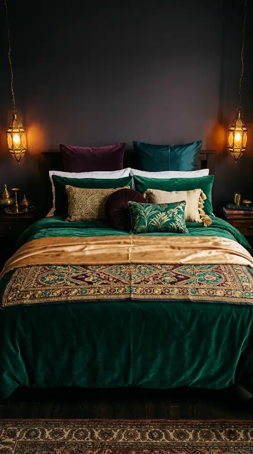 12 Bedroom Decor Colorful Jewel Tone Emerald Gold Moody 4 4. Jewel-Tone Velvet Bedding — Full Layered Dark Luxurious Composition