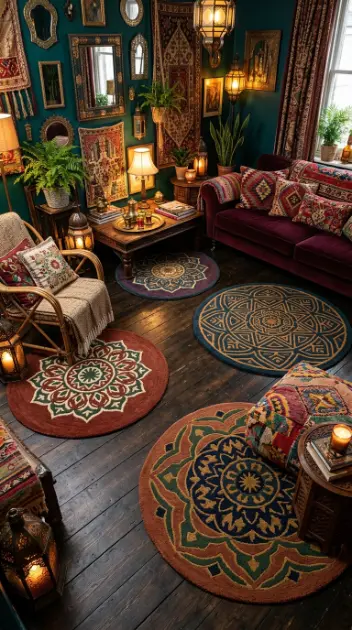 14 Bohemian Rugs Round Mandala Maximalist Colorful Room 4 4. Multiple Small Round Mandala Rugs Arranged Across a Room