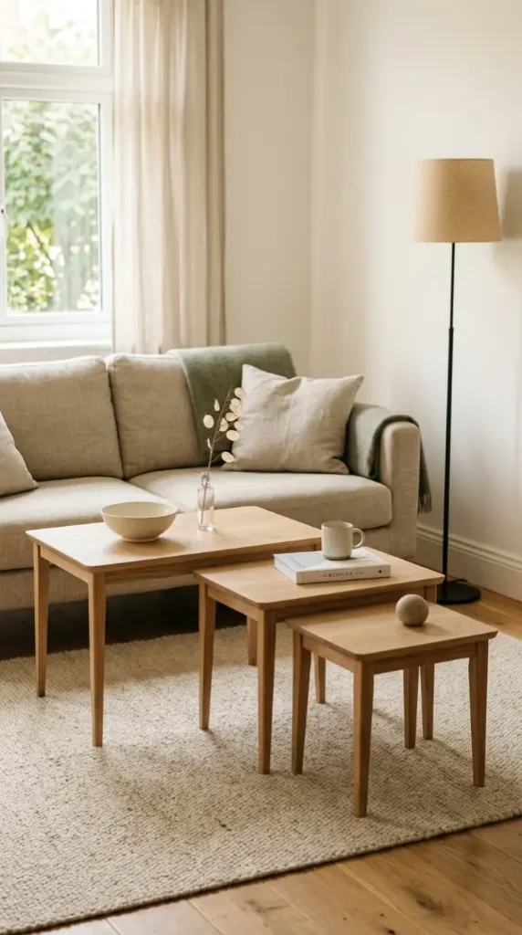 20 Minimalist Living Room Small Spaces Multifunctional 4 4. Nesting Coffee Tables for Flexible Floor Space
