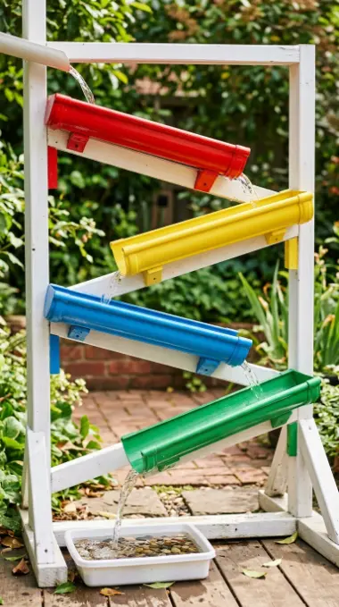 22 DIY Outside Play Area for Kids Water Wall Splash Zone 4 4. Painted Gutter Channel Water Slide Elements