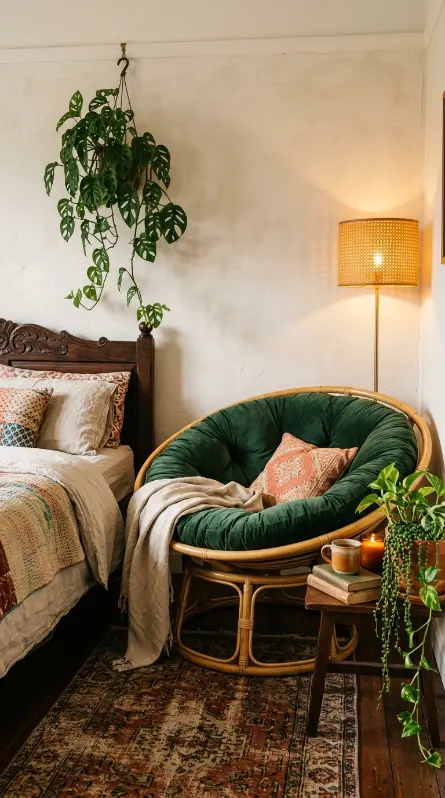 15 Bohemian Chair Ideas With a Cozy Rattan Papasan Look 4 4. Rattan Papasan in Bohemian Bedroom Corner
