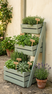 17 Herb Planter Ideas DIY Tiered Wooden Crate Stand 4 4. Sage Green Painted Crate Stand for a Farmhouse Patio