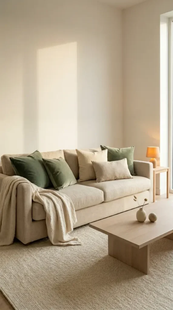 14 Living Room Decor Color Schemes Sage Green Warm White 4 4. Sage Green Velvet Cushions on Warm White Sofa