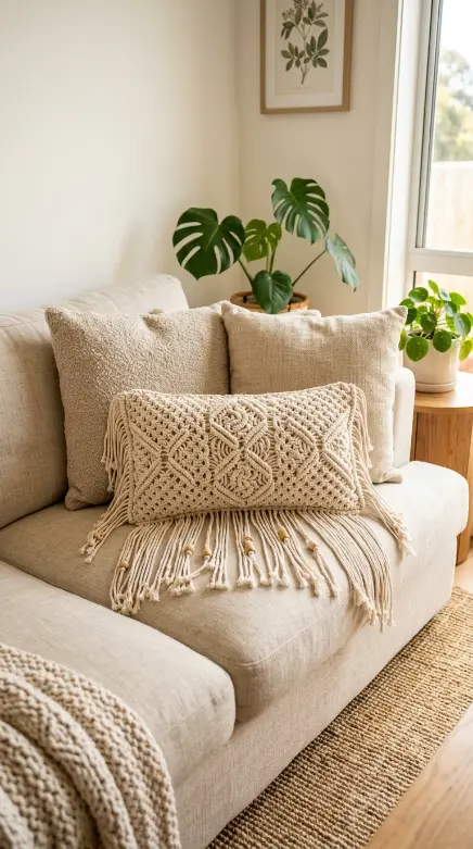 20 Bohemian Pillows Natural Fiber Pom Pom Woven Sheepskin 4 4. Style a Macramé Lumbar Pillow With Long Fringe Tails