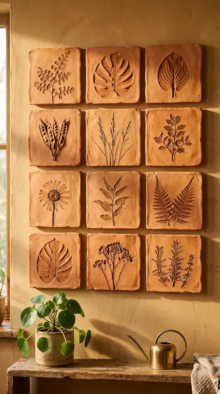 14 Bohemian Wall Decor Terracotta Ceramic Relief Mixed Media 4 4. Terracotta Ceramic Tile Grid With Hand-Pressed Botanical Reliefs