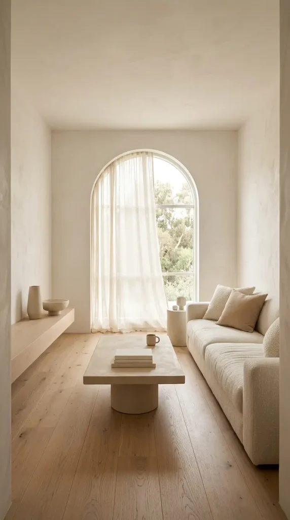 22 Minimalist Living Room Decor Ideas Sculptural Plaster 4 4. Tonal Minimalist Living Room — All White and Sand Plaster Palette