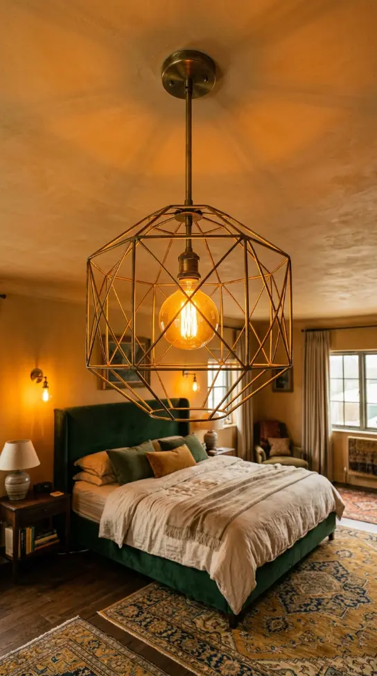 22 Cozy Warm Bedroom Aesthetic Vintage Brass Layered Rugs 4 4. Vintage Brass Pendant as Bedroom Crown